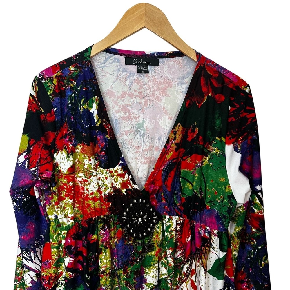 Calessa Beaded Dress Womens Size XL Vibrant Paint Splatter Floral Print V Neck - Picture 5 of 9
